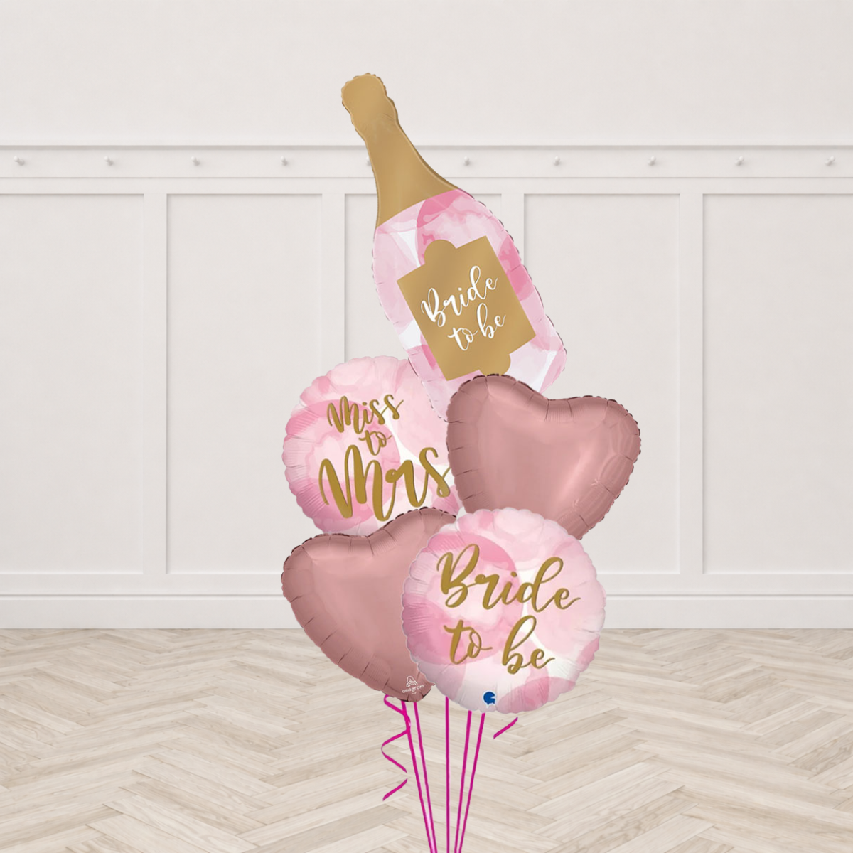 Bride to Be champagne bottle foil balloon with Miss to Mrs round foil and heart foil balloons