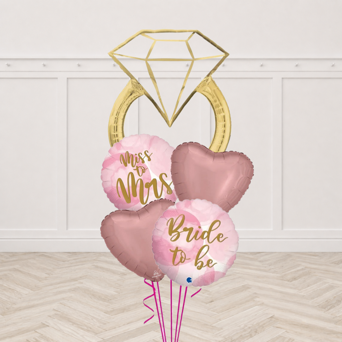 Engagement ring foil balloon with Miss to Mrs and Bride to Be heart foil balloons