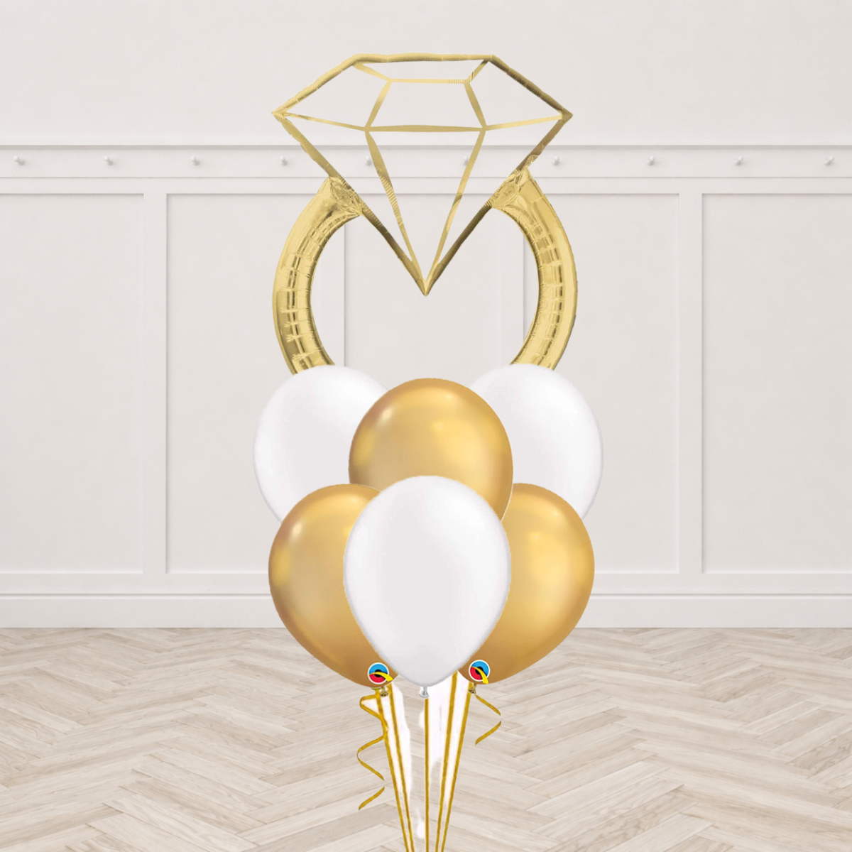 Engagement ring foil balloon with gold and white latex balloons