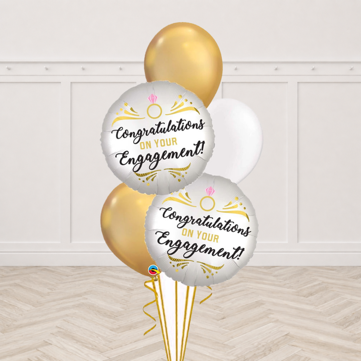 Two Congratulations on Your Engagement foil balloons with gold and white latex balloons