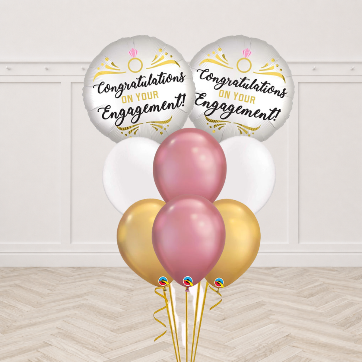 Two Congratulations on Your Engagement foil balloons with white, rose gold and gold latex balloons