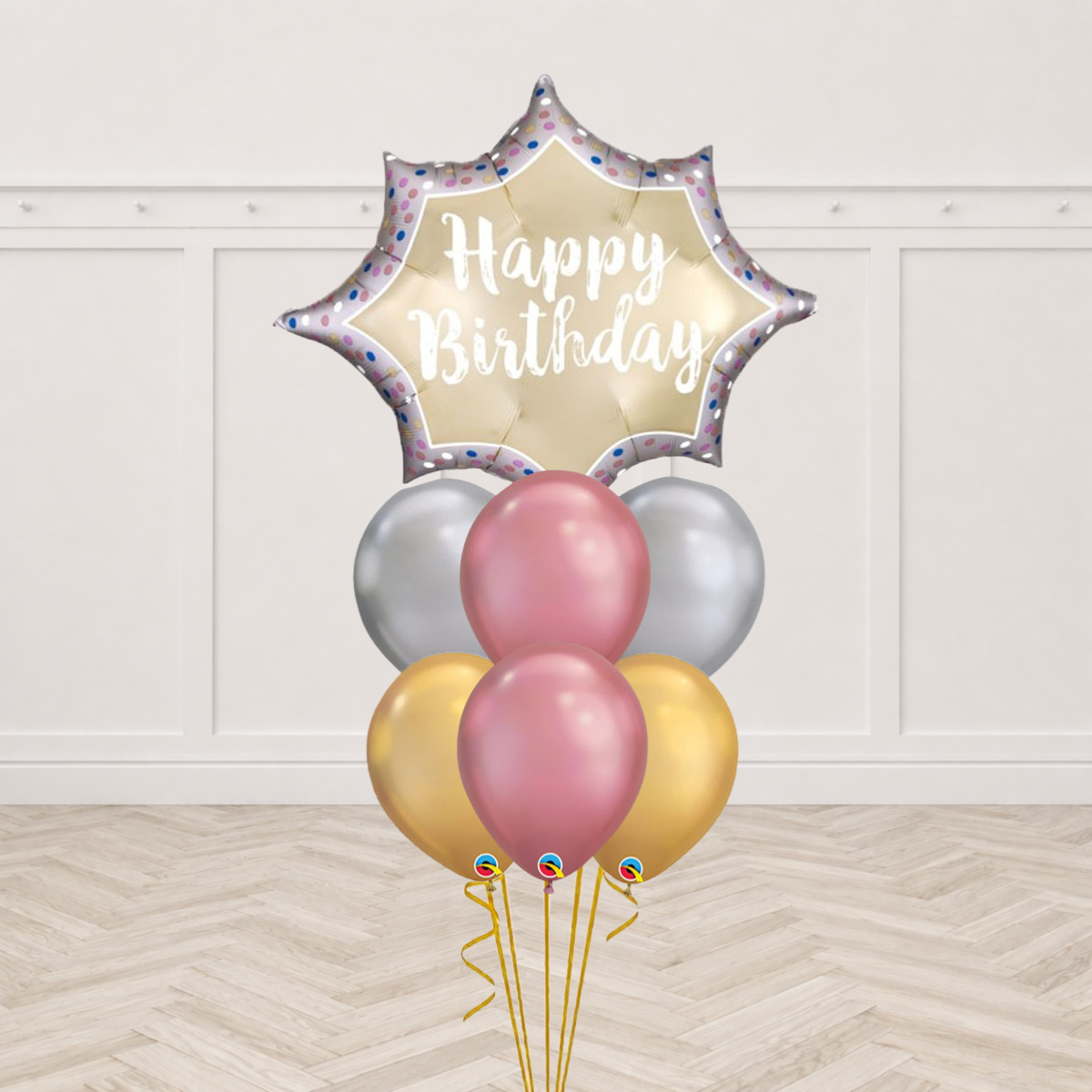 Happy Birthday starburst foil balloon with silver, rose gold and gold latex balloons