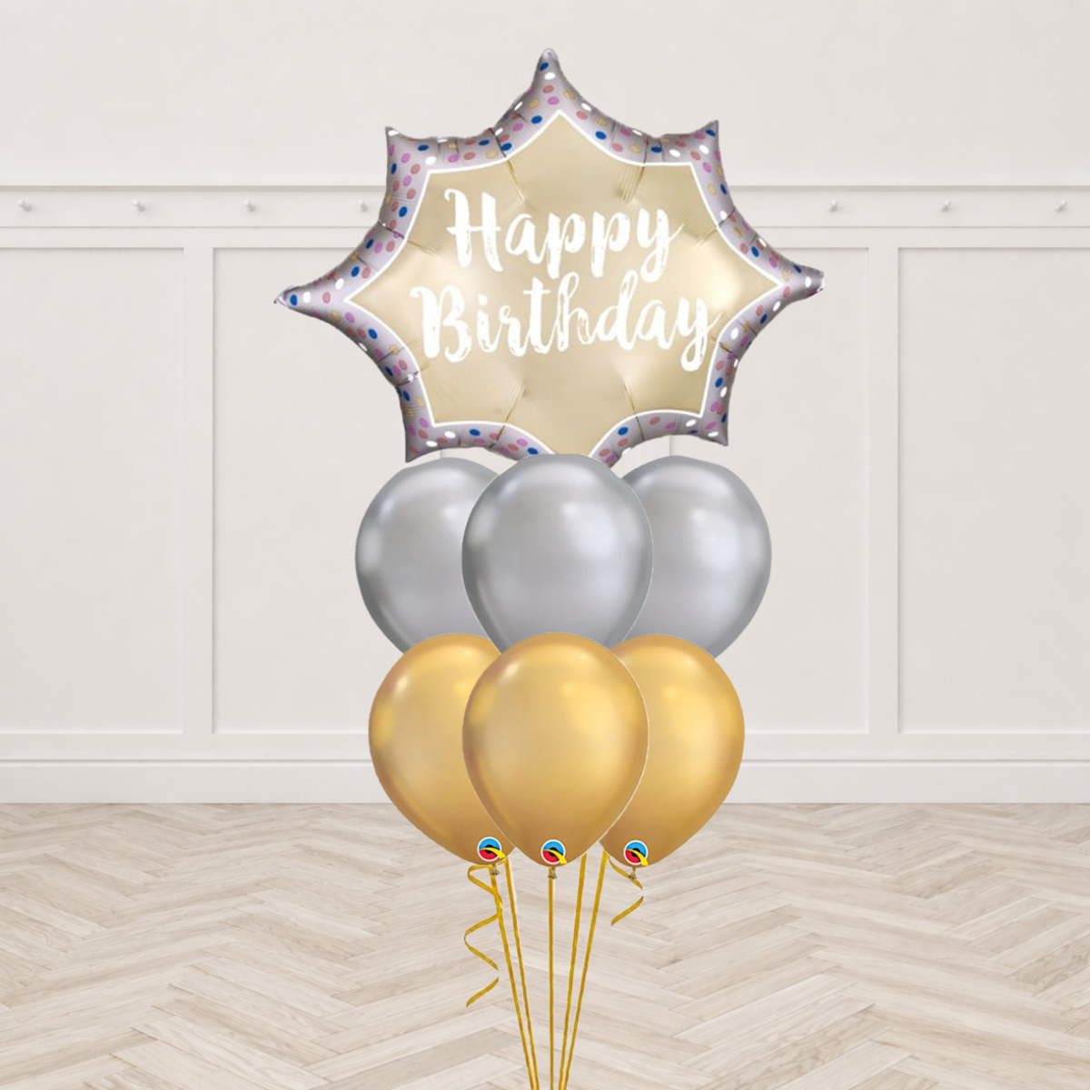 Happy Birthday starburst foil balloon with silver and gold latex balloons