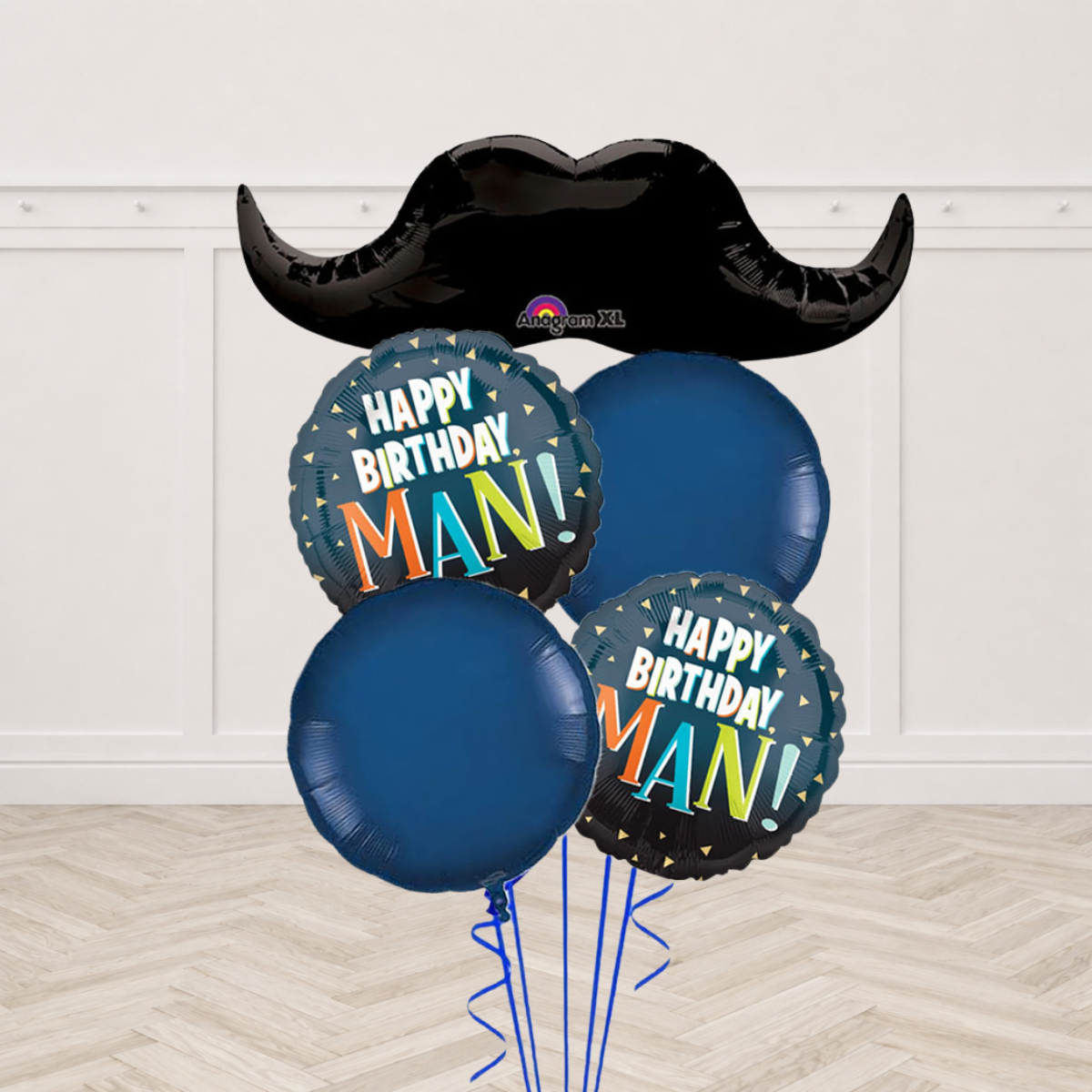 Moustache foil balloon with two Happy Birthday Man foil balloons and navy latex balloons