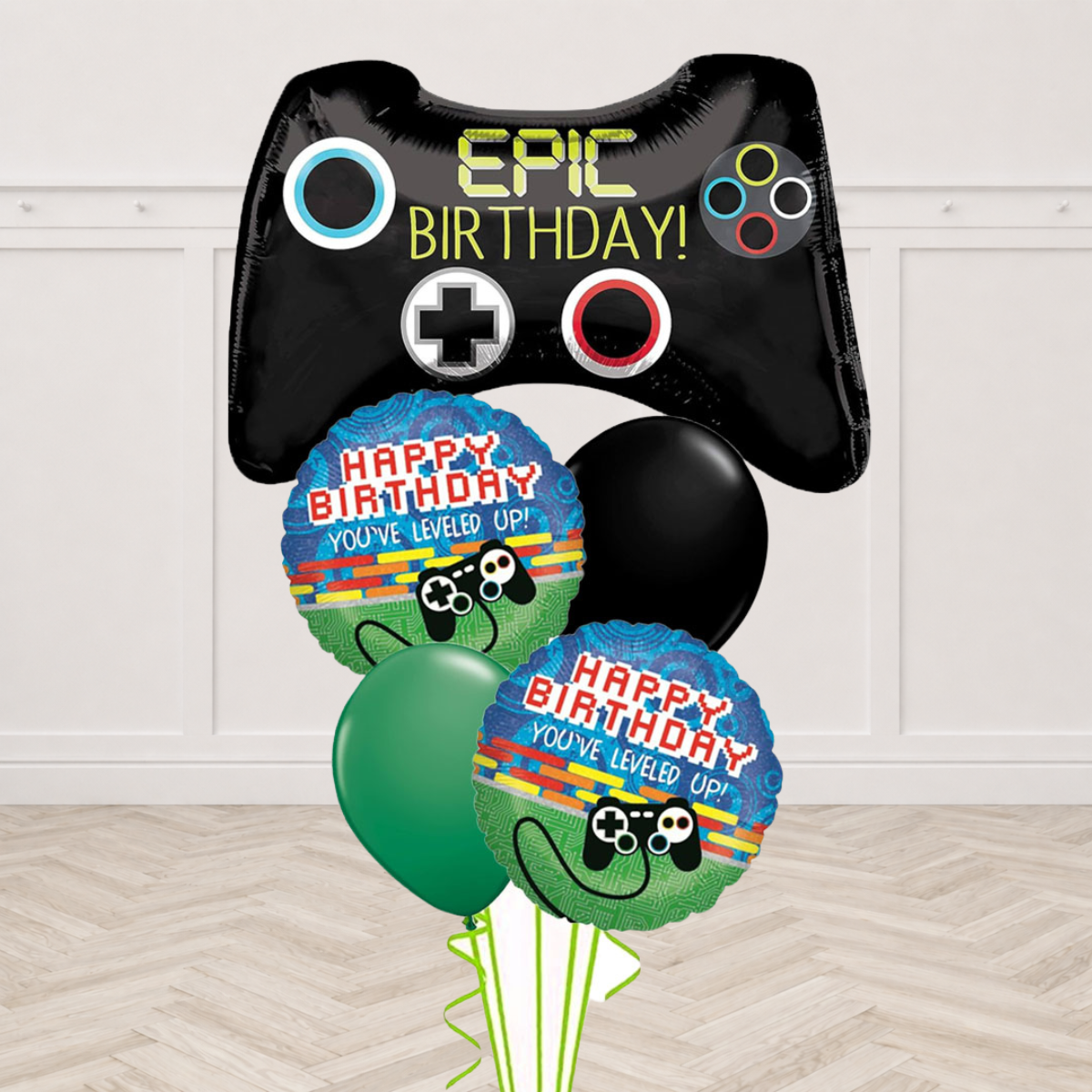 Epic Birthday gamepad foil balloon with two levelled up foil balloons and black and green latex balloons