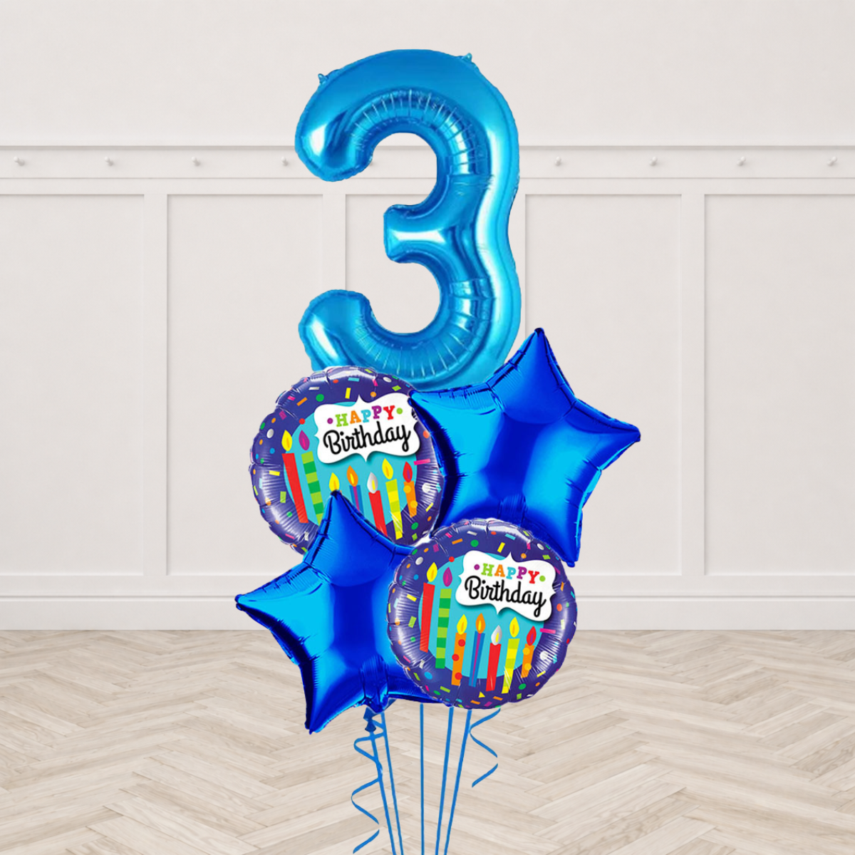 Blue number 3 foil balloon with star foil balloons and Happy Birthday candle foil balloons