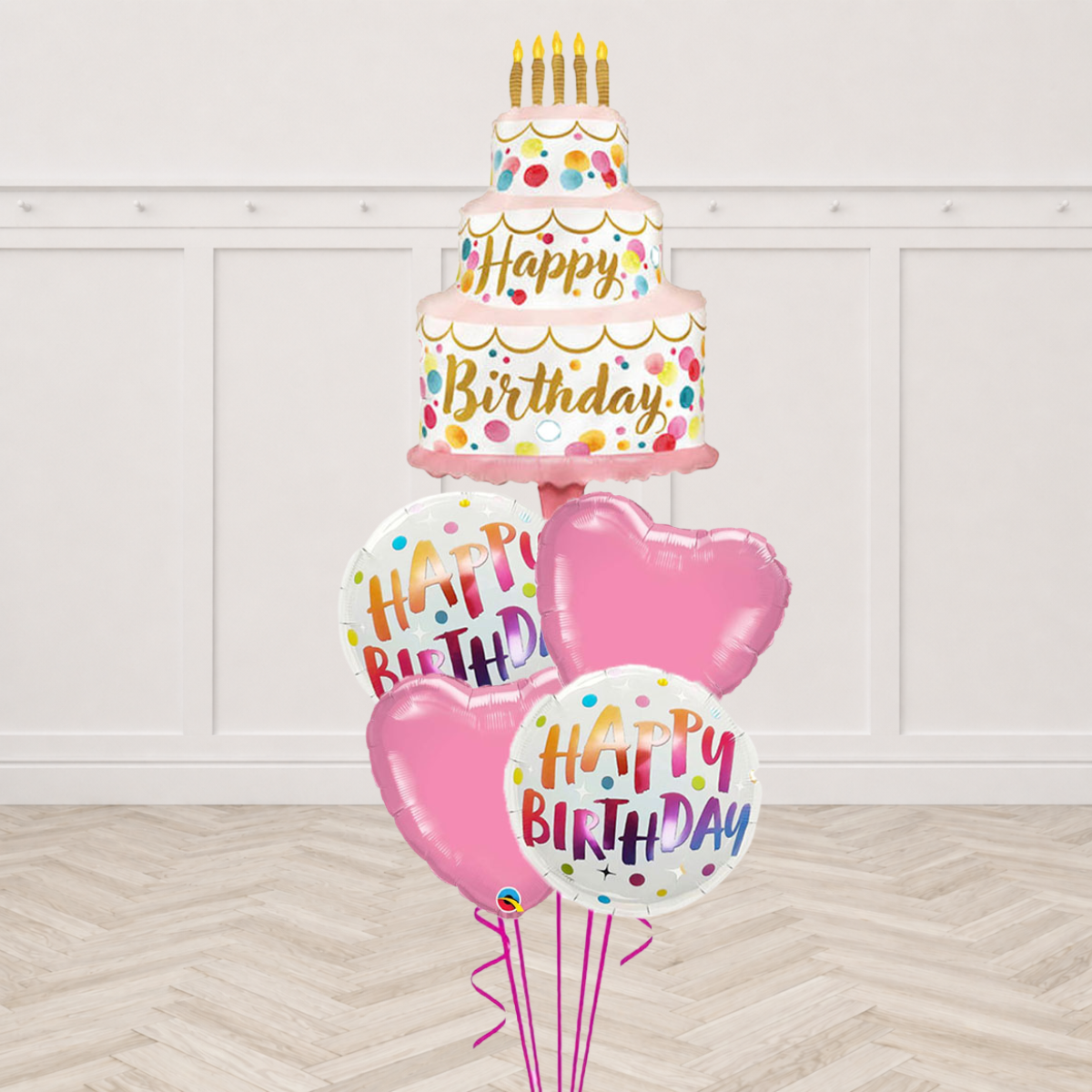 Three tier birthday cake foil balloon with rainbow Happy Birthday foil balloons and pink heart foil balloons
