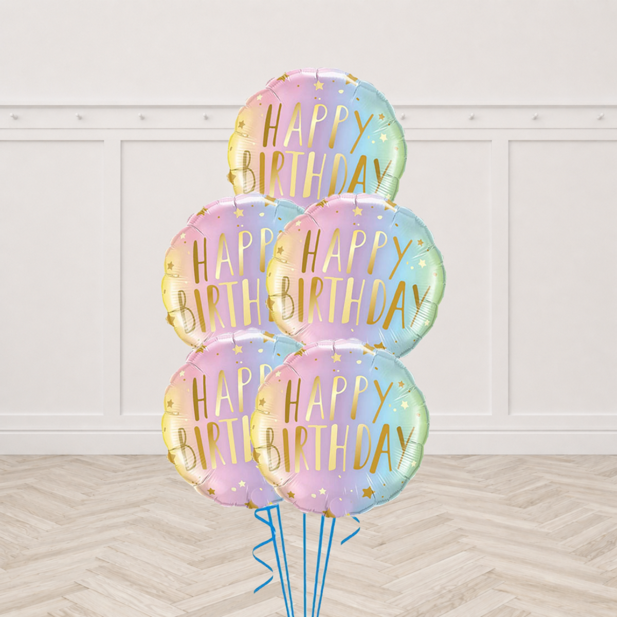 Five pastel ombre Happy Birthday round foil balloons