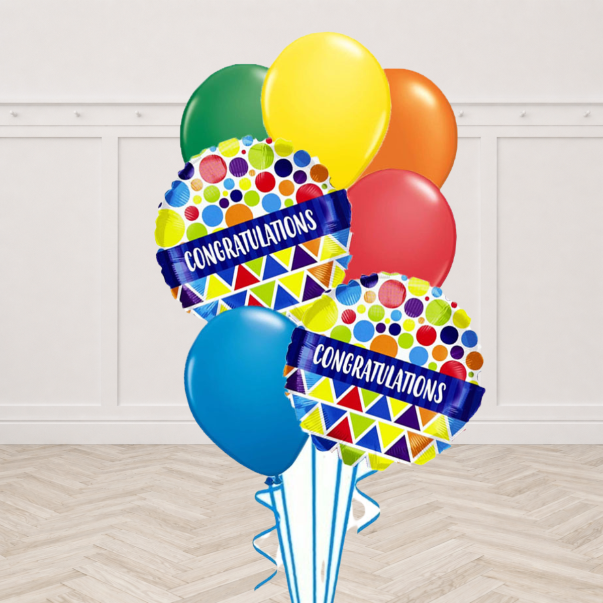 Two confetti dot Congratulations foil balloons with green, yellow, orange, red and blue latex balloons