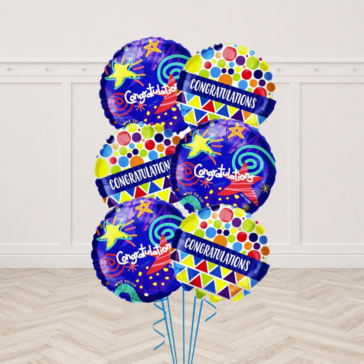 Six Congratulations foil balloons in retro star and confetti dot designs