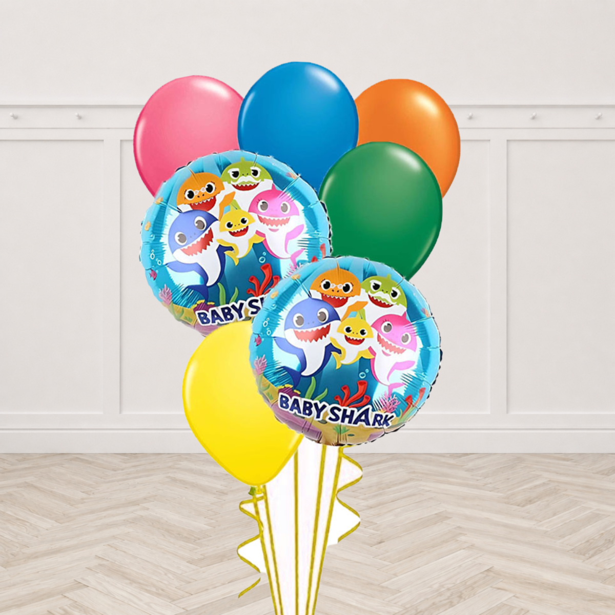Two Baby Shark foil balloons with pink, blue, orange, green and yellow latex balloons