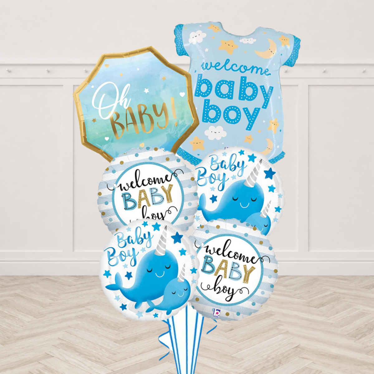 Oh Baby and Welcome Baby Boy foil balloons with narwhal print round foil balloons