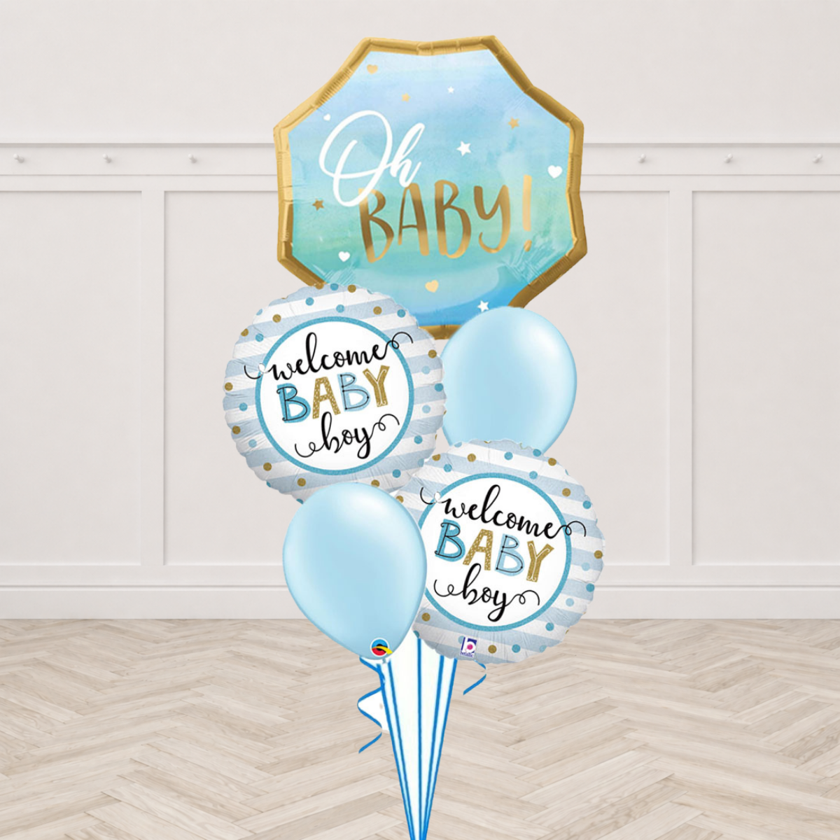 Oh Baby foil balloon with two Welcome Baby Boy round foil balloons and light blue latex balloons