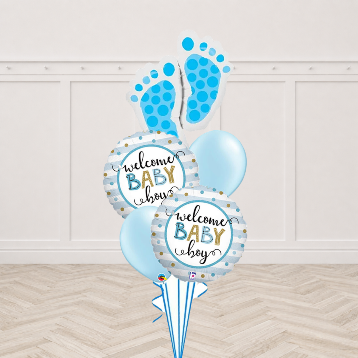 Baby footprints foil balloon with Welcome Baby Boy round foil balloons and light blue latex balloons