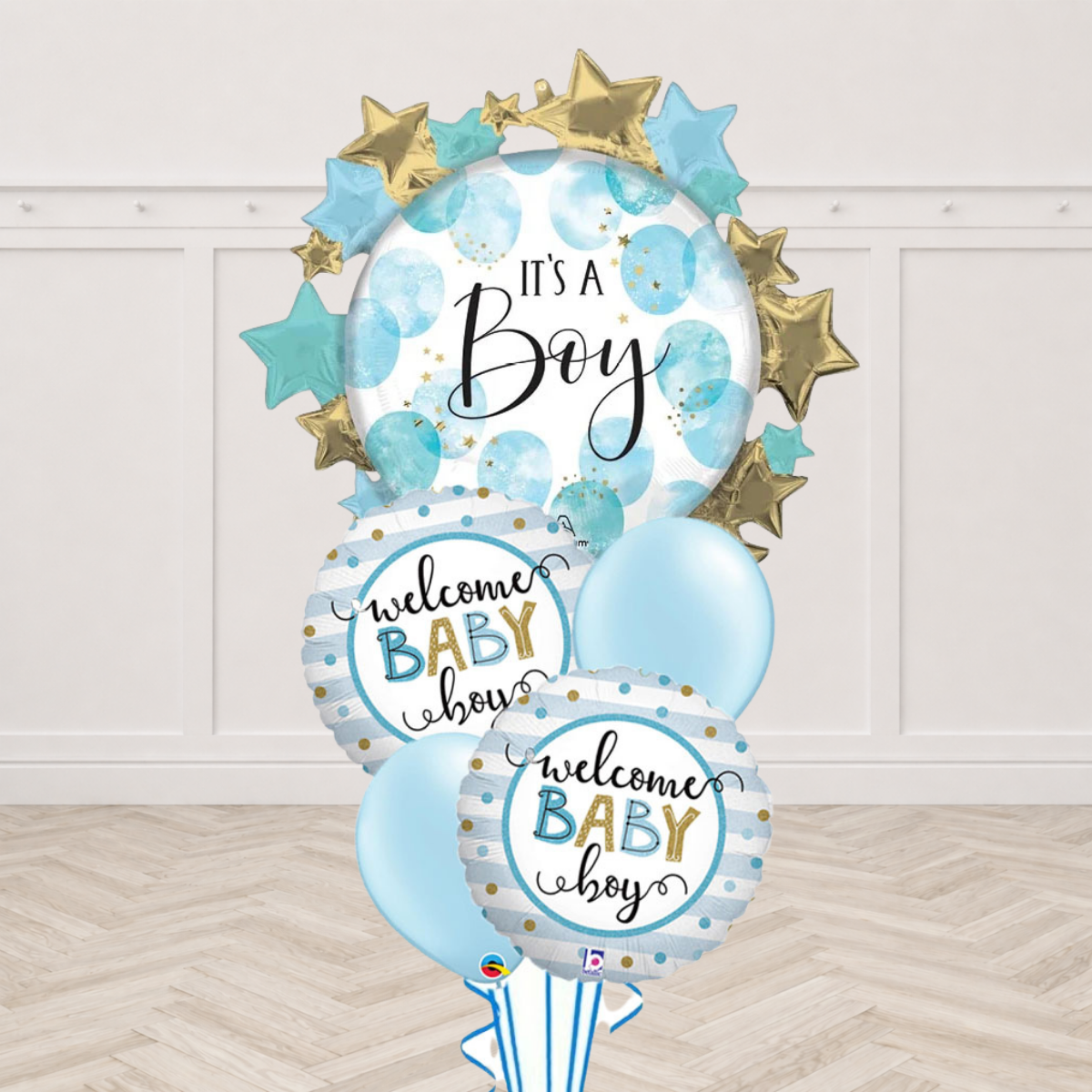 It's a Boy starburst foil balloon with Welcome Baby Boy round foil balloons and light blue latex balloons