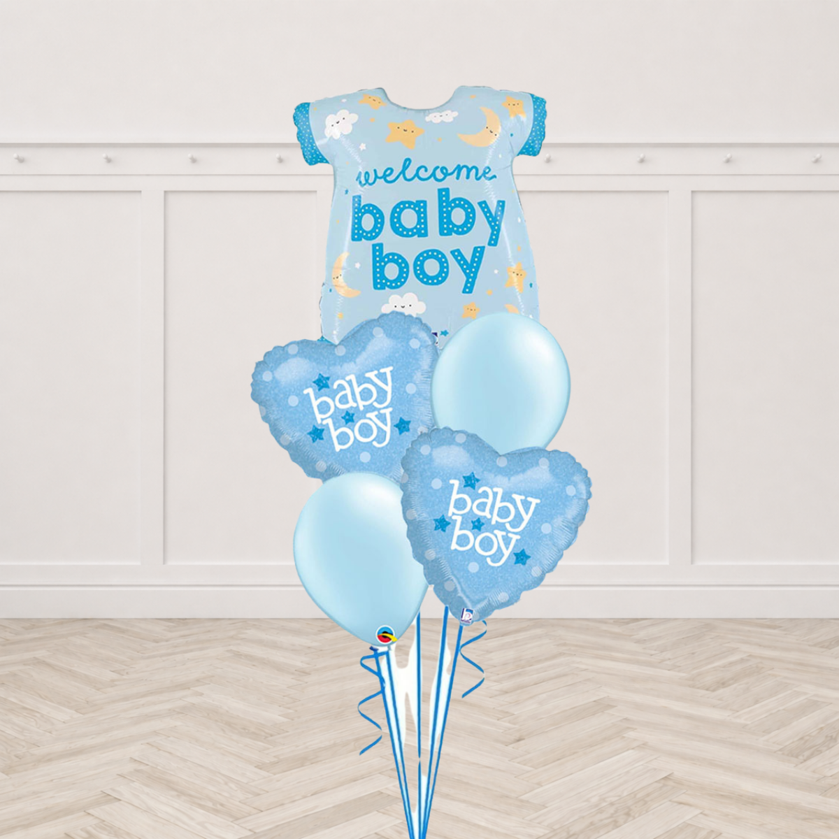 Welcome Baby Boy onesie foil balloon with Baby Boy heart foil balloons and light blue latex balloons