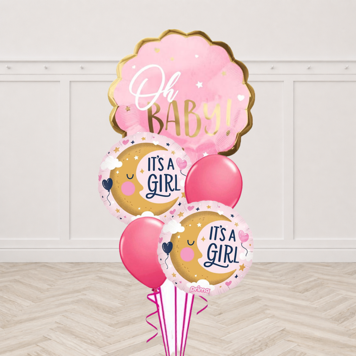 Oh Baby foil balloon with It's a Girl moon round foil balloons and dark pink latex balloons