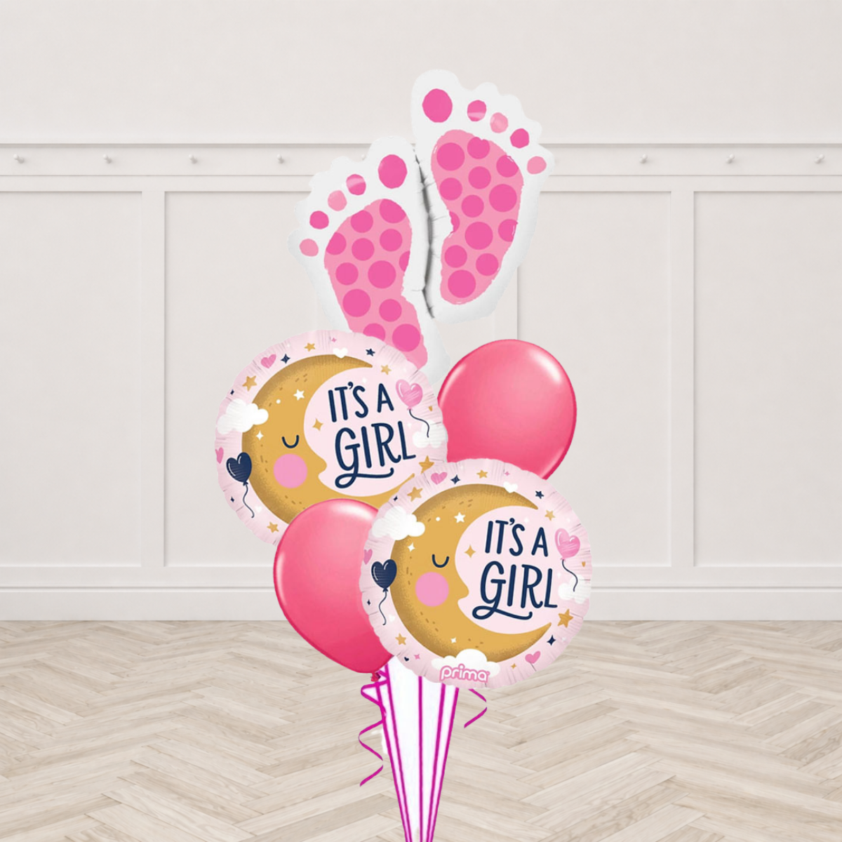 Baby footprints foil balloon with It's a Girl moon round foil balloons and dark pink latex balloons