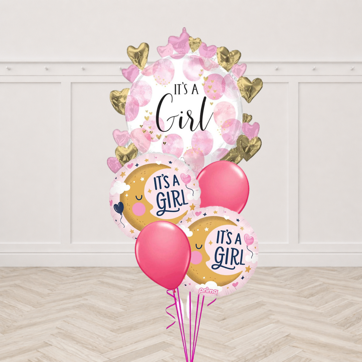 It's a Girl hearts round foil balloon with It's a Girl moon round foil balloons and dark pink latex balloons