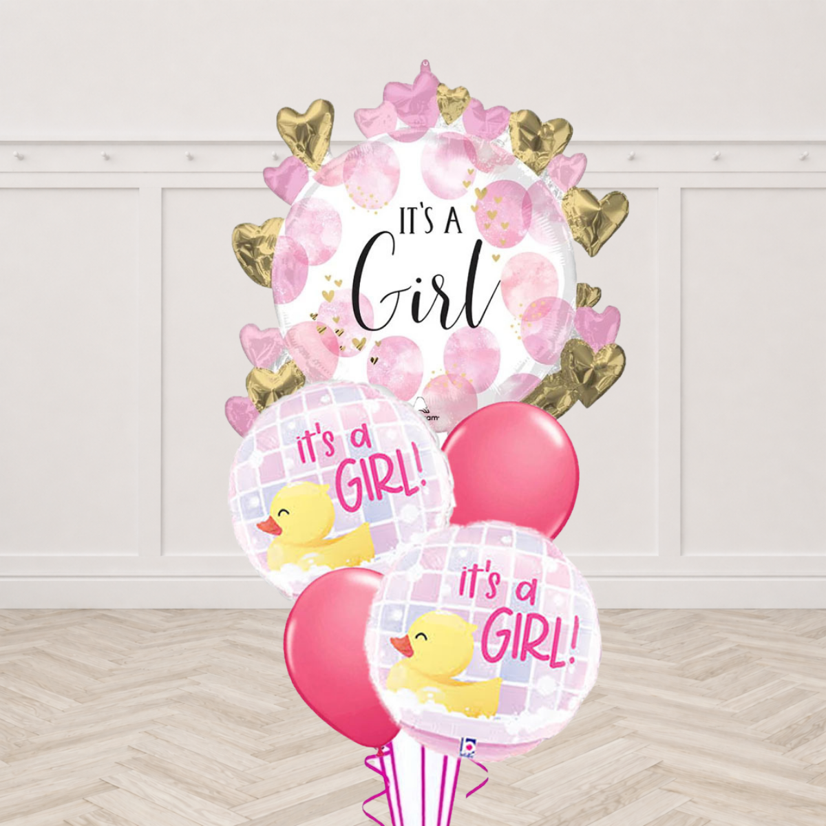 It's a Girl hearts round foil balloon with rubber duck round foil balloons and dark pink latex balloons