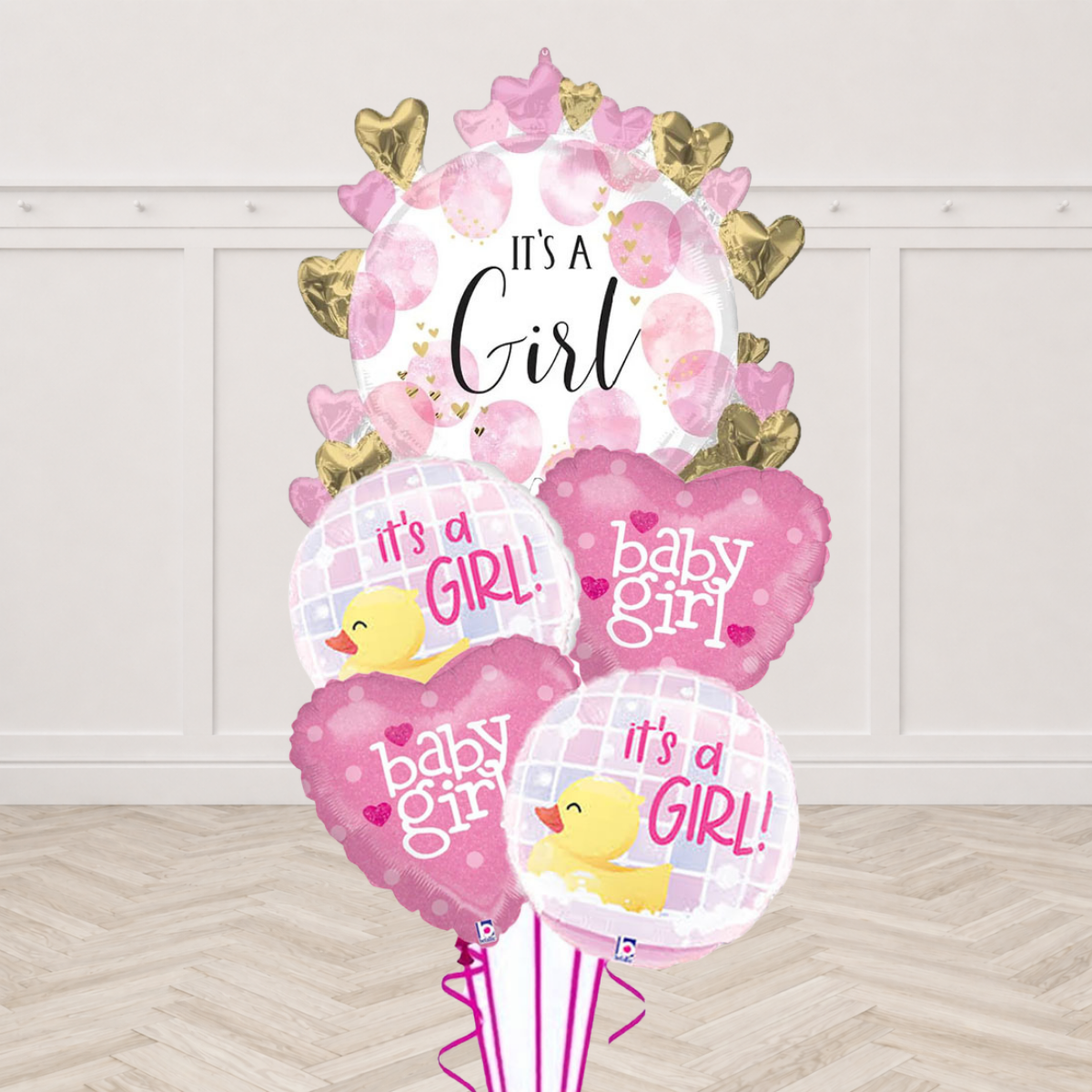 It's a Girl hearts round foil balloon with rubber duck round foil balloons and Baby Girl heart foil balloons