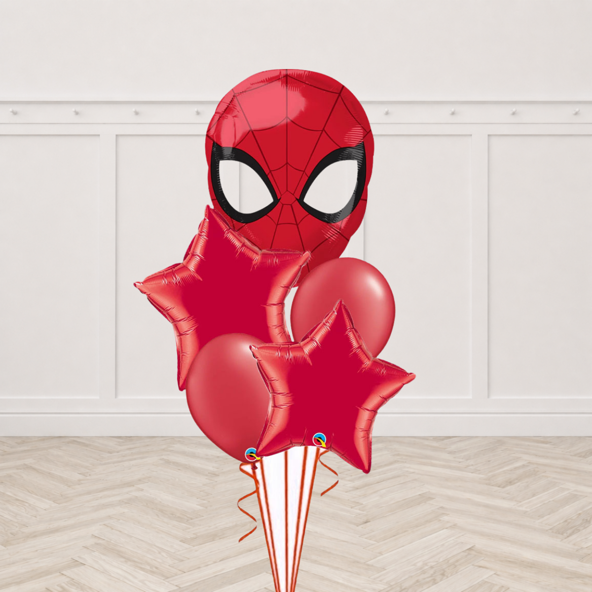 Spiderman mask foil balloon with red star foil balloons and red latex balloons