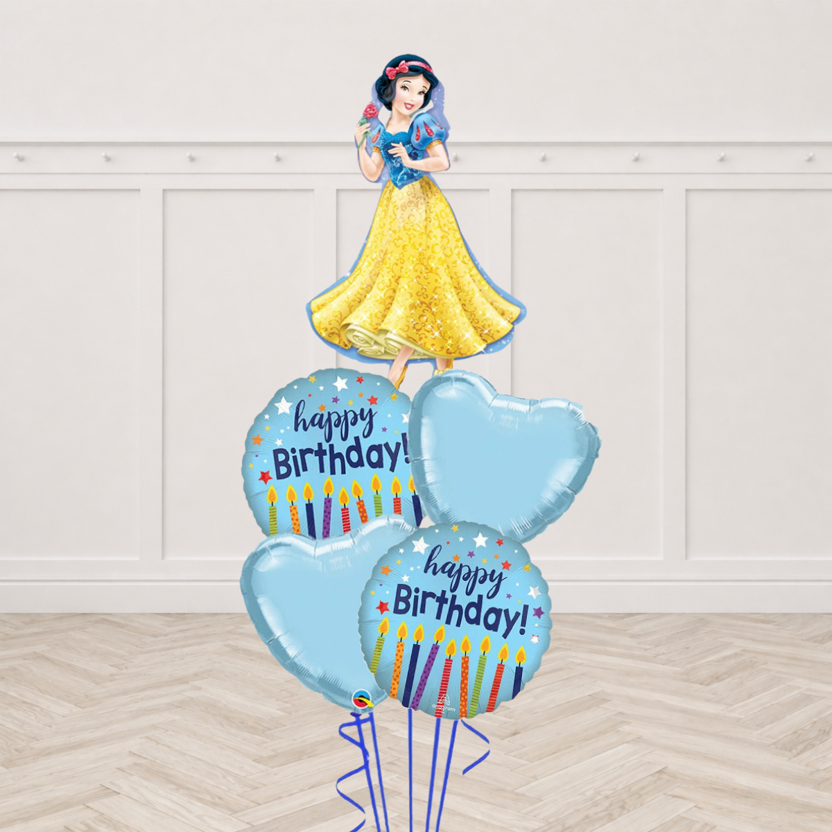 Snow White figure foil balloon with Happy Birthday round foil balloons and heart foil balloons