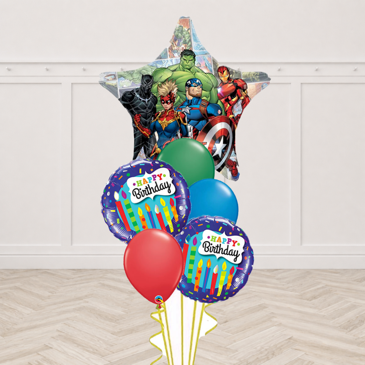 Avengers star foil balloon with Happy Birthday round foil balloons and green, blue and red latex balloons