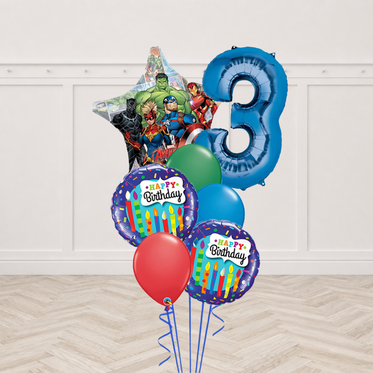 Avengers star foil balloon with a customisable number foil balloon and green, blue and red latex balloons
