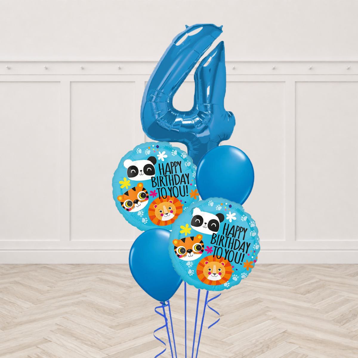 Number 4 foil balloon with jungle animal Happy Birthday round foil balloons and blue latex balloons