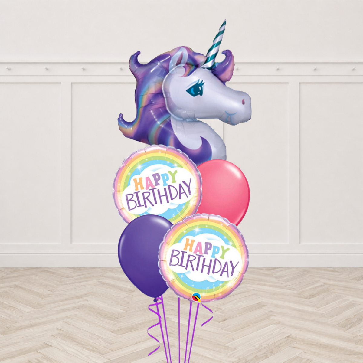 Purple unicorn head foil balloon with rainbow Happy Birthday round foil balloons and pink and purple latex balloons