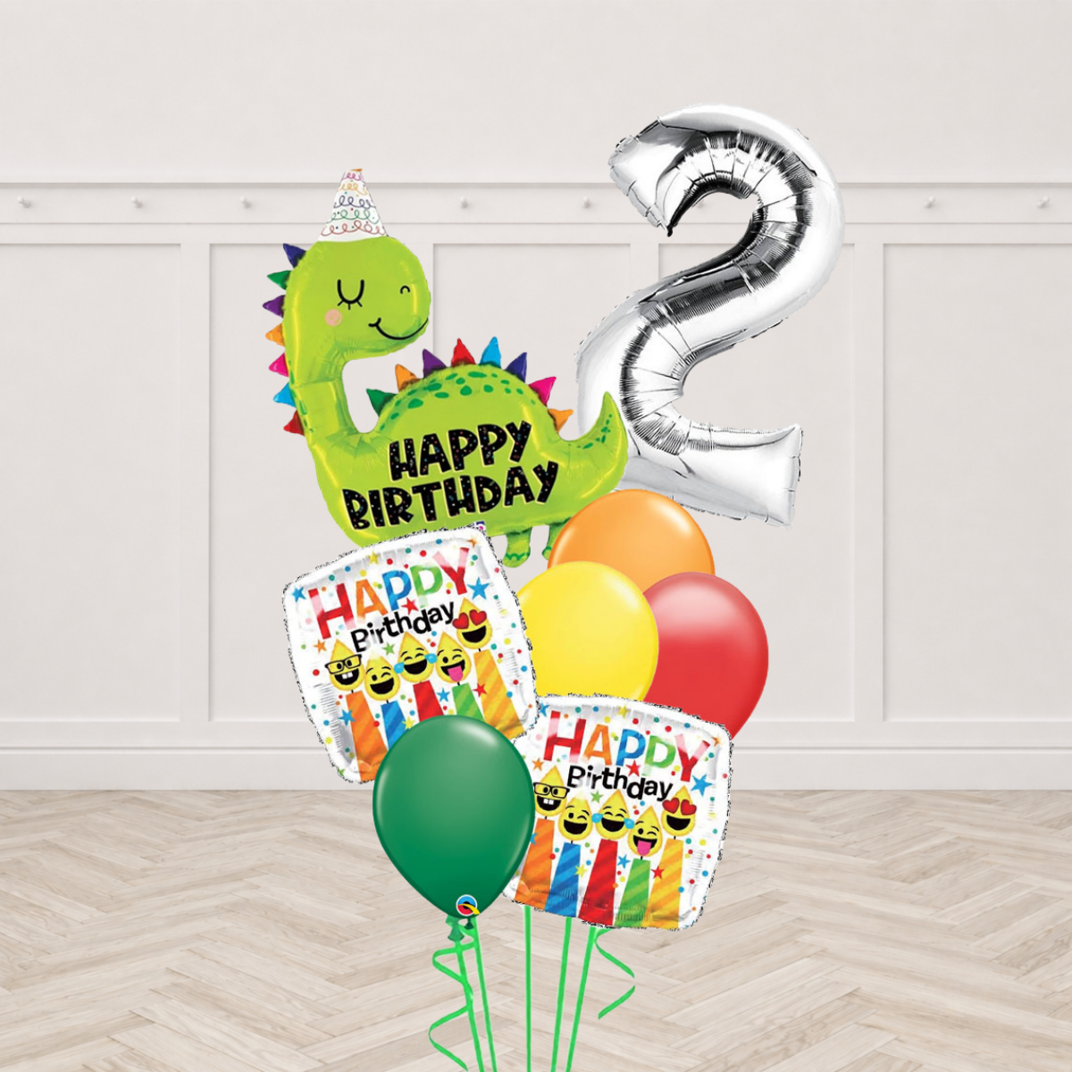 Dinosaur foil balloon with number 2 foil balloon and emoji Happy Birthday square foil balloons