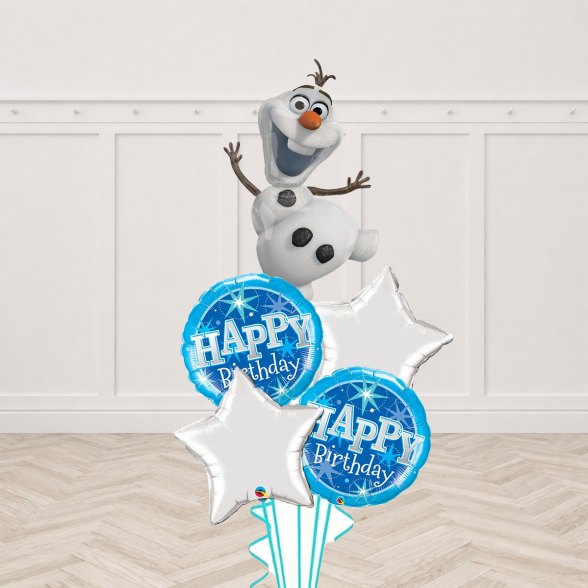 Olaf figure foil balloon with silver star foil balloons and blue Happy Birthday round foil balloons