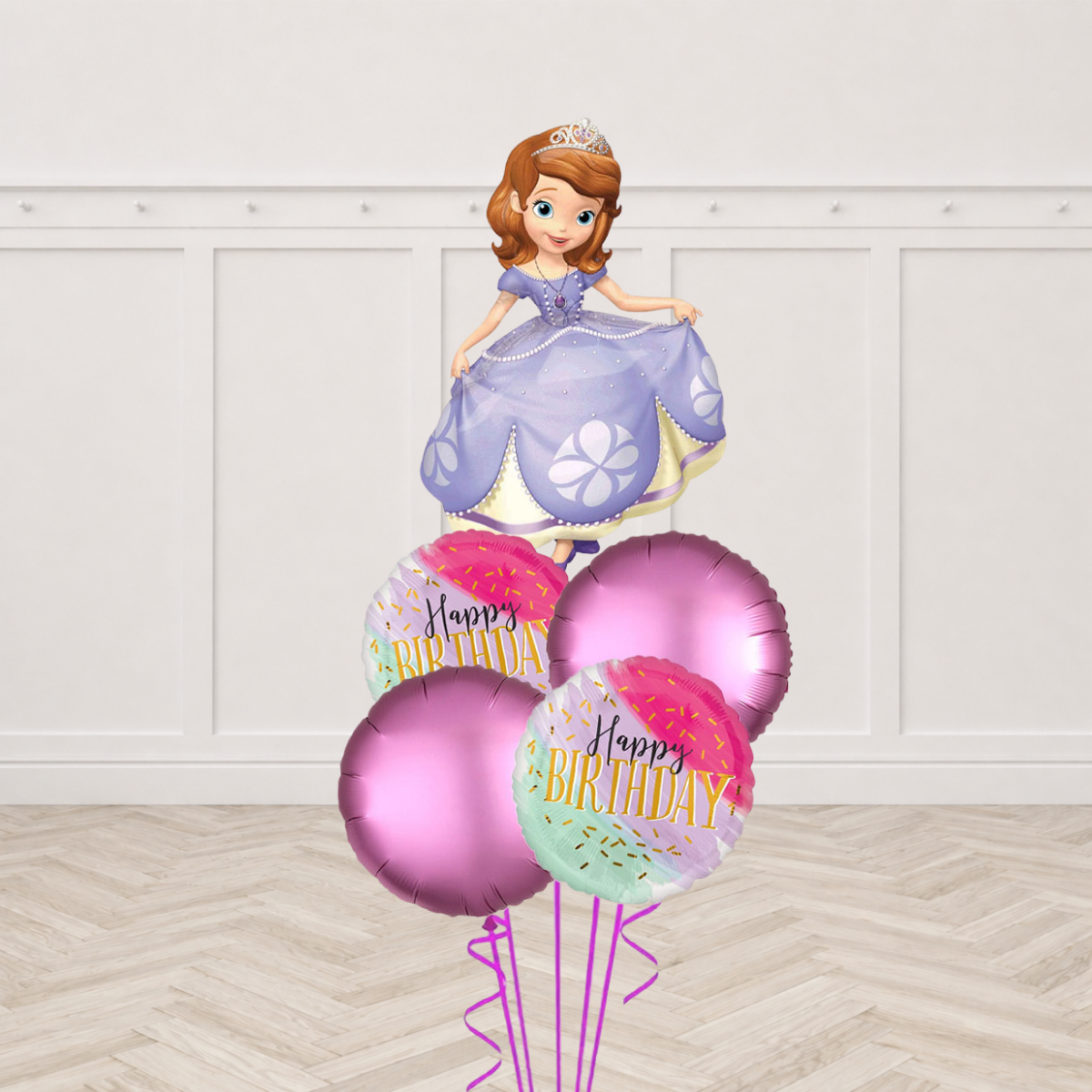 Sofia the First figure foil balloon with Happy Birthday round foil balloons and magenta round foil balloons