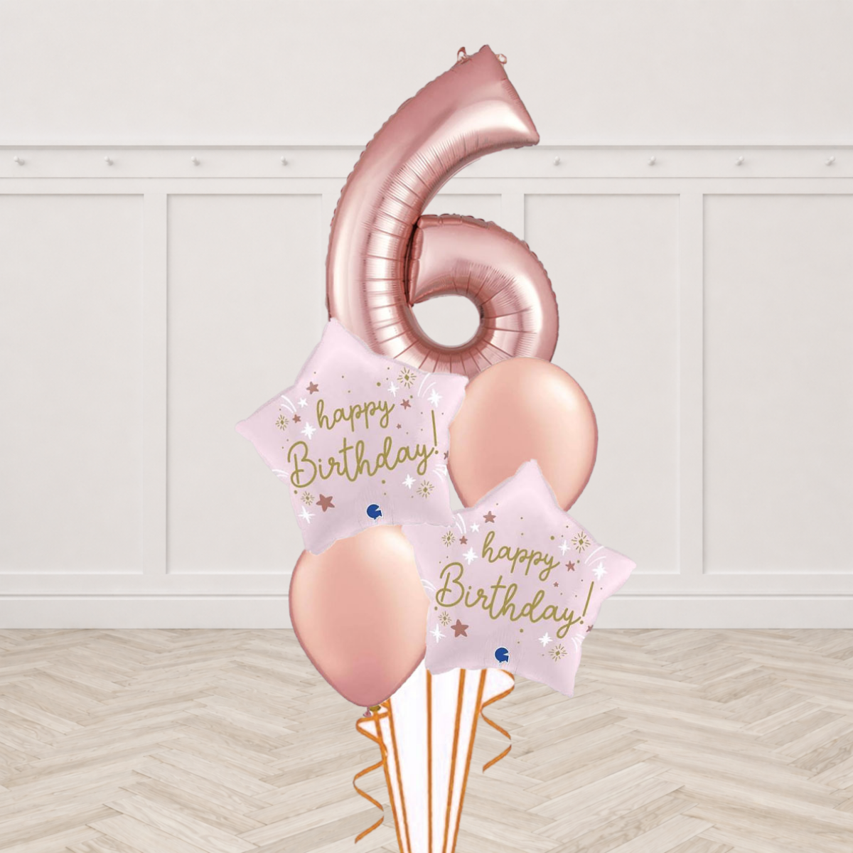 Customisable rose gold number foil balloon with pink star Happy Birthday foil balloons and rose gold latex balloons