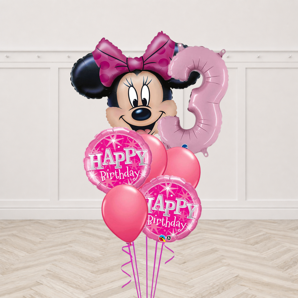 Minnie Mouse head foil balloon with a number foil balloon, Happy Birthday round foil balloons and pink latex balloons