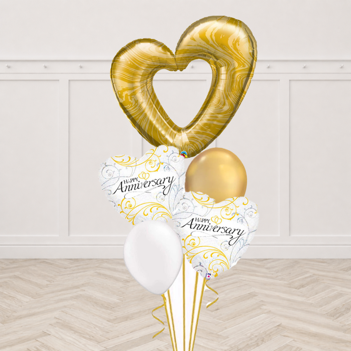 Gold open heart foil balloon with Happy Anniversary heart foil balloons and gold and white latex balloons