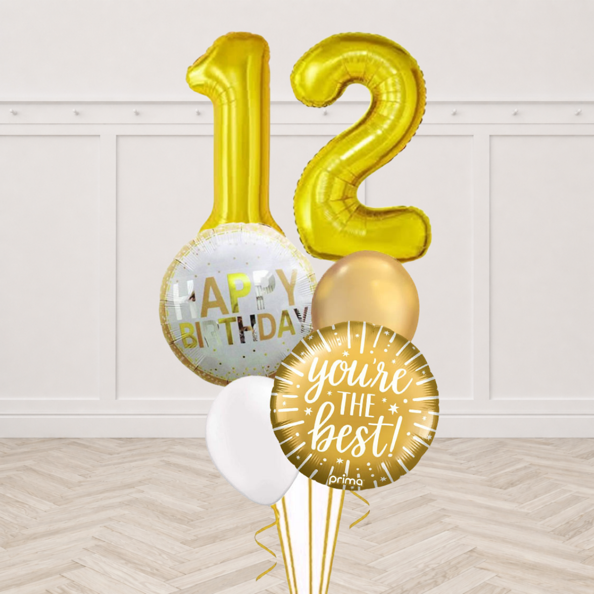 Customisable gold number foil balloons with Happy Birthday and You&rsquo;re the Best round foil balloons