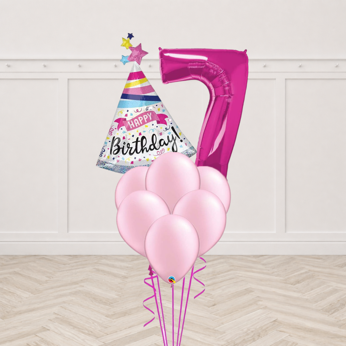 Party hat Happy Birthday foil balloon with a pink number foil balloon and light pink latex balloons