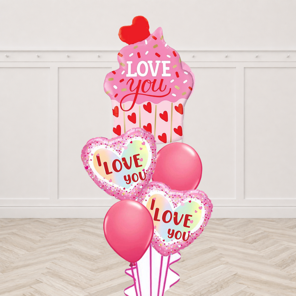 Pink cupcake Love You foil balloon with I Love You heart foil balloons and dark pink latex balloons