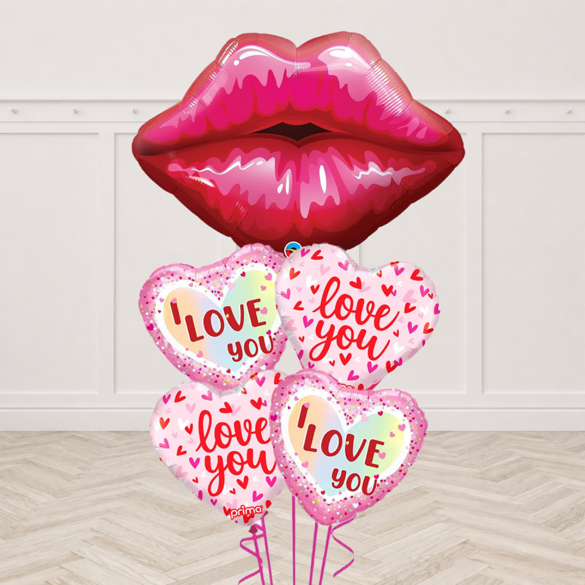 Pink kissy lips foil balloon with I Love You and Love You heart foil balloons