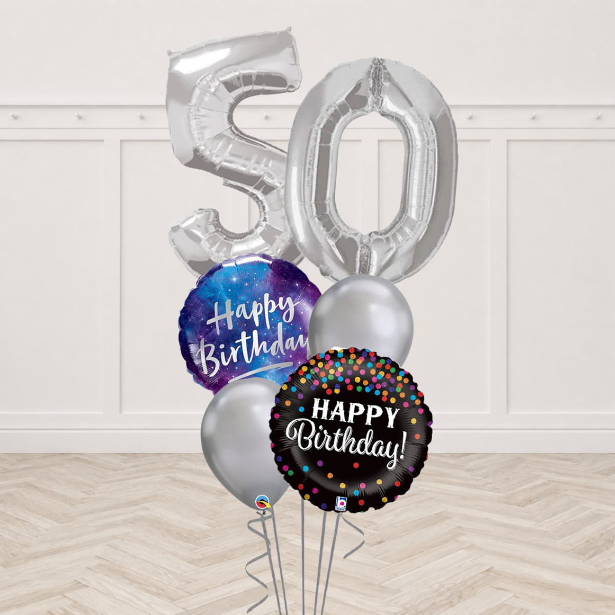 Two silver number foil balloons with a galaxy Happy Birthday round foil, a black rainbow-confetti Happy Birthday round foil and two silver chrome latex balloons
