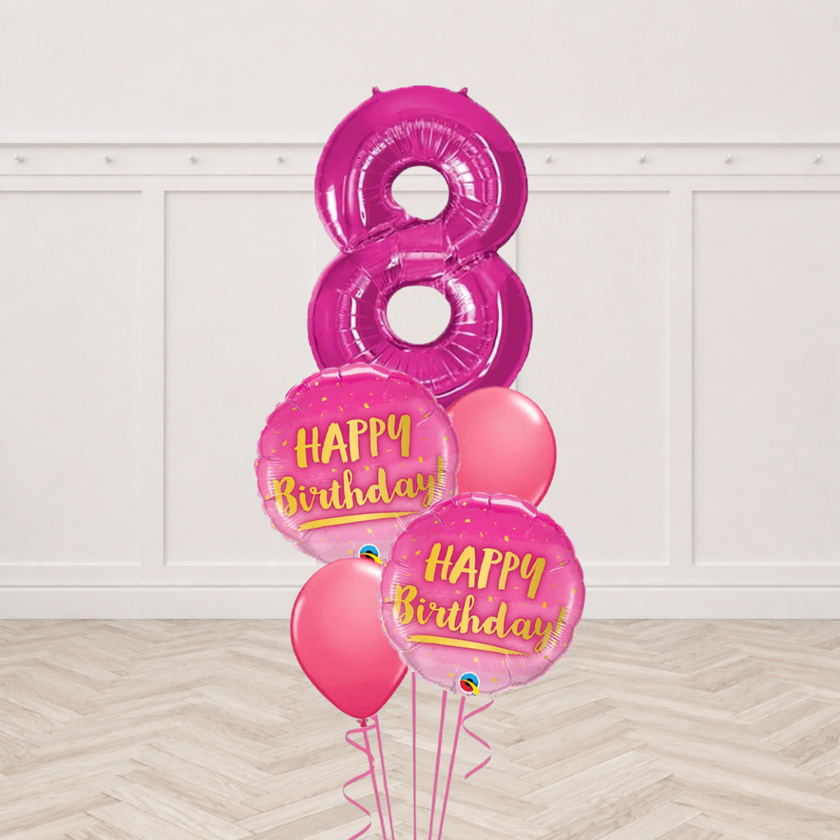 Hot pink number foil balloon with two pink ombre Happy Birthday round foils and two coral latex balloons