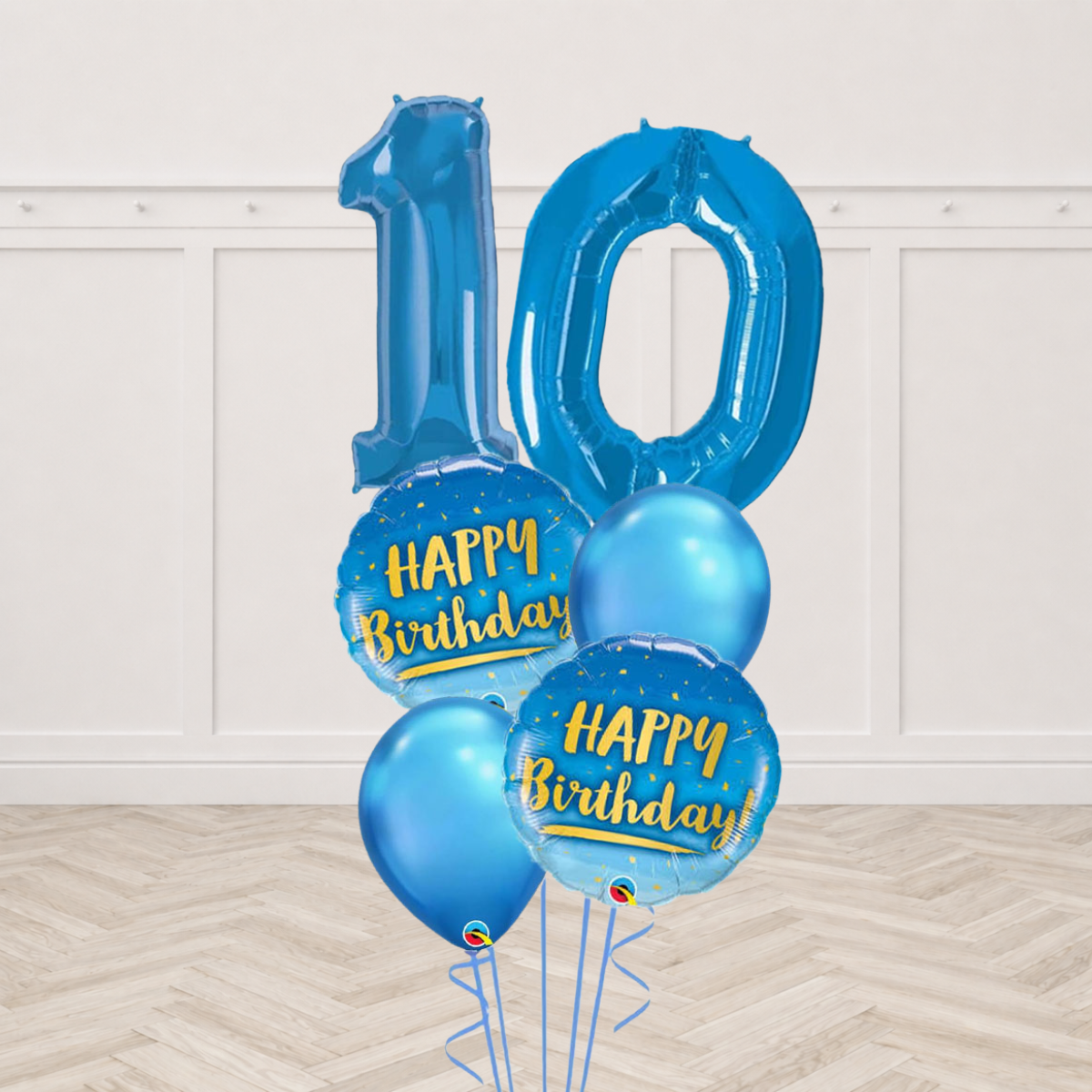 Two blue number foil balloons with two blue and gold Happy Birthday round foils and two blue chrome latex balloons