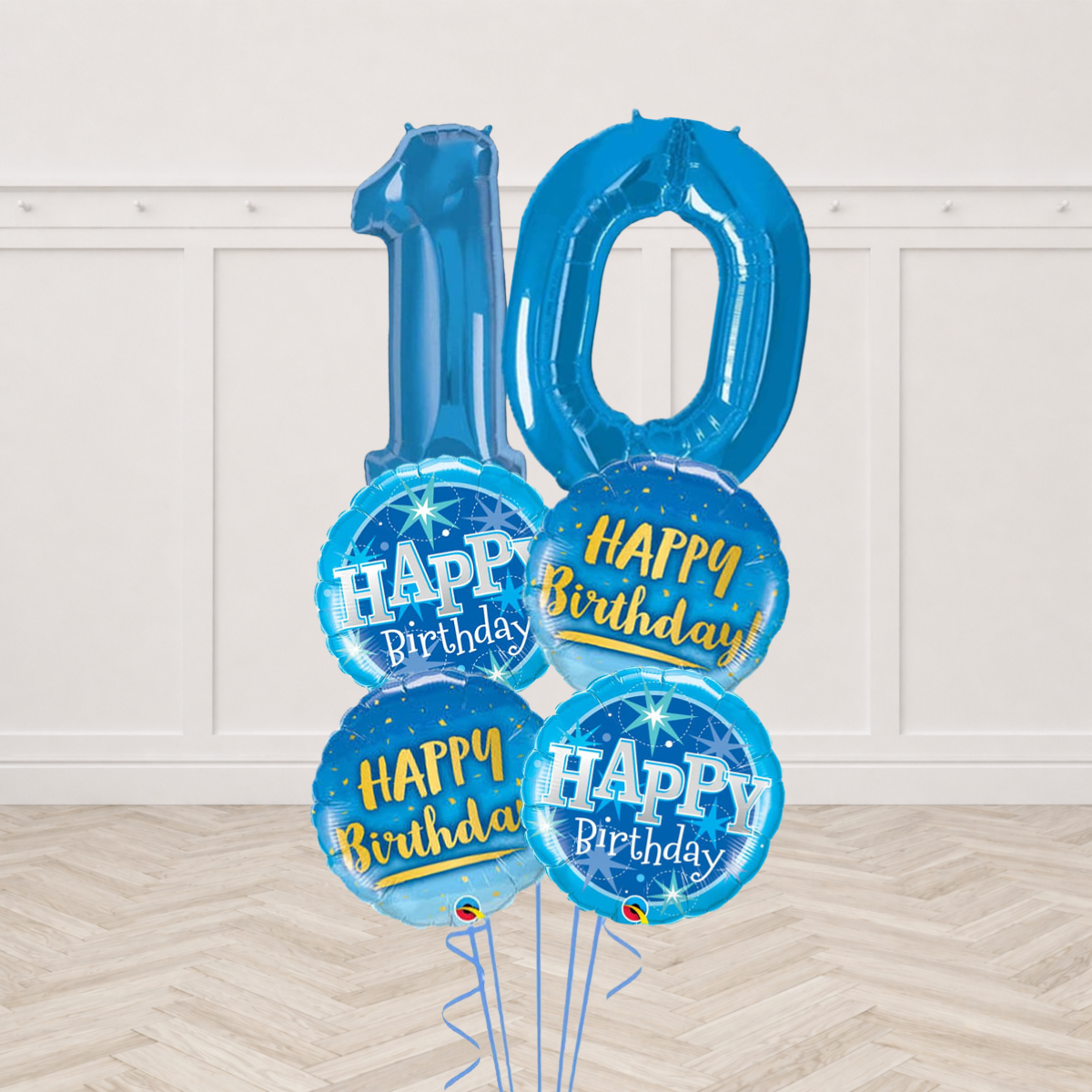 Two blue number foil balloons with four blue Happy Birthday round foil balloons