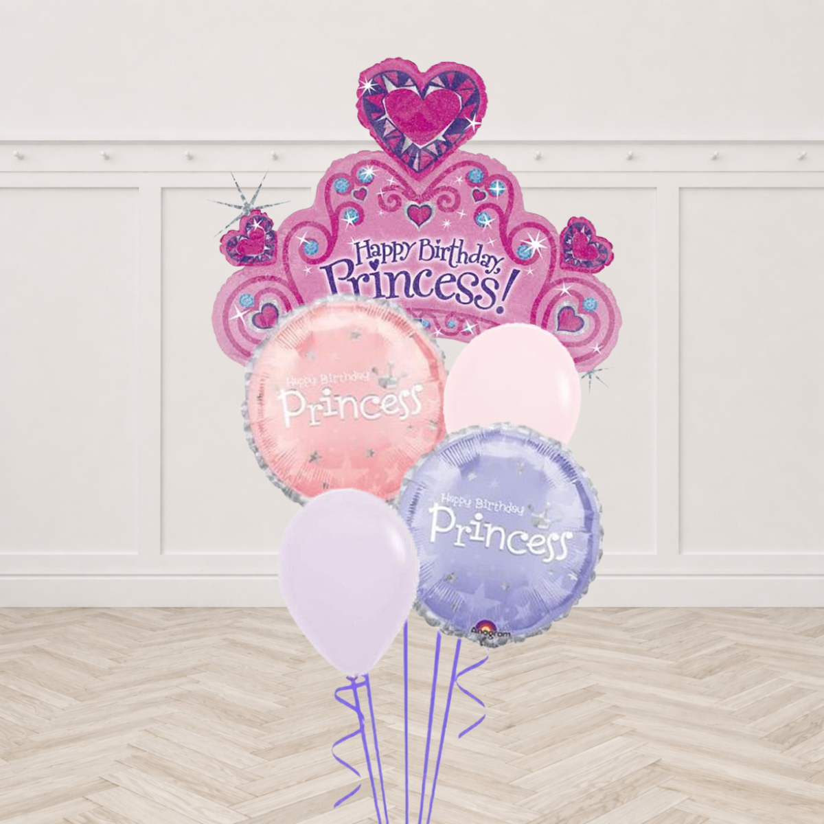 Pink princess tiara shaped foil balloon with two Happy Birthday Princess round foils and two pastel latex balloons