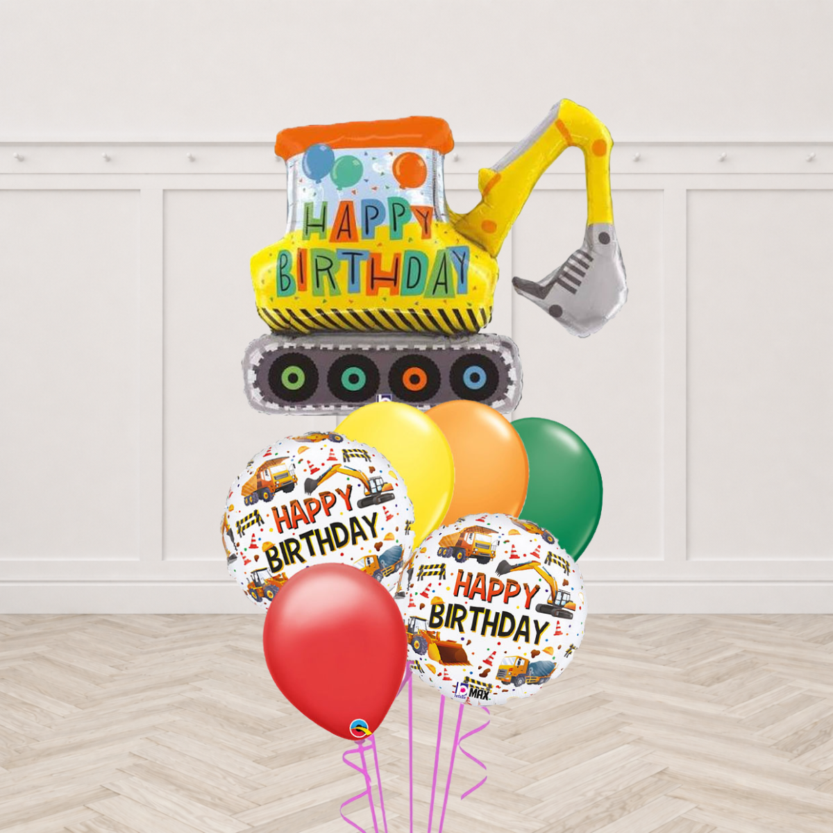 Yellow excavator digger shaped foil balloon with two construction Happy Birthday round foils and four latex balloons in yellow, orange, green and red