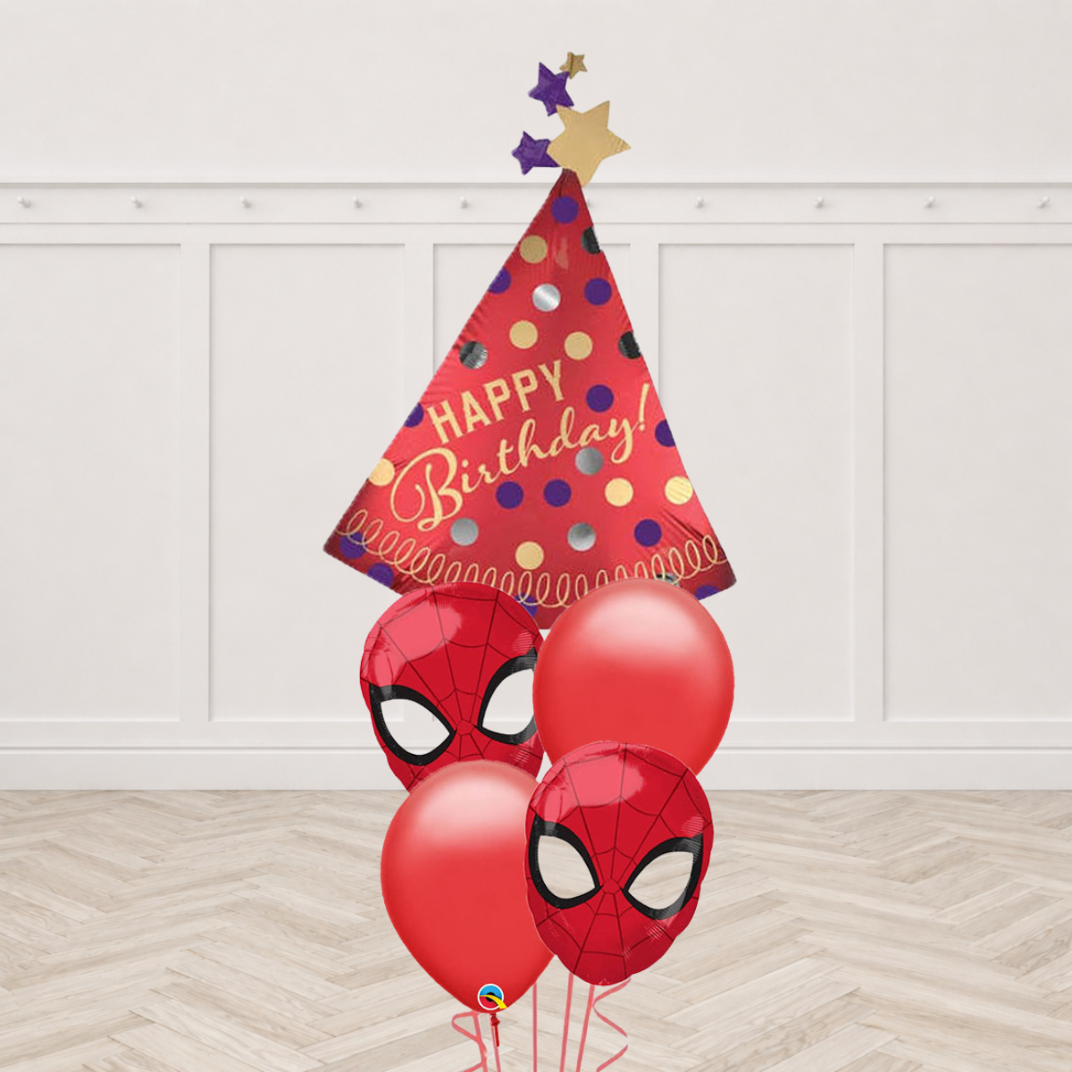 Red Spider-Man Happy Birthday party hat shaped foil balloon with two Spider-Man face round foils and two red latex balloons