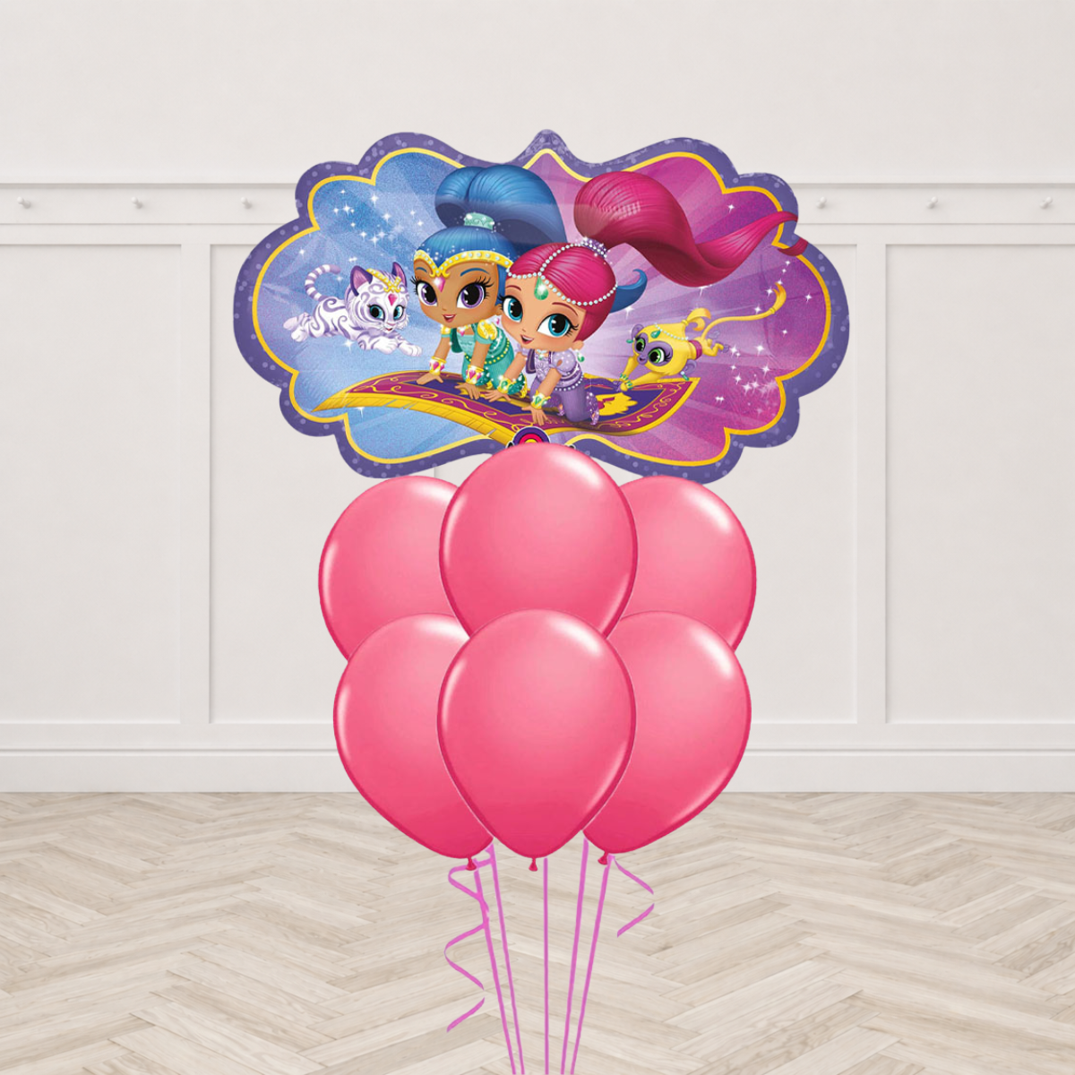 Shimmer and Shine shaped foil balloon on a flying carpet with a bunch of six pink latex balloons
