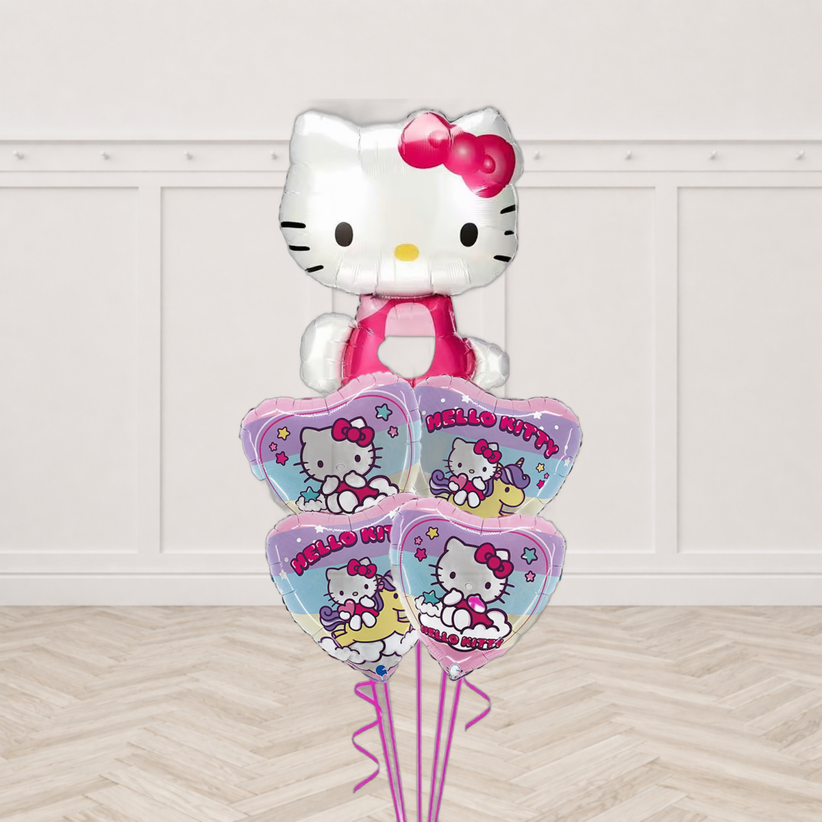 Hello Kitty shaped foil balloon with four Hello Kitty heart foil balloons in pastel rainbow colours